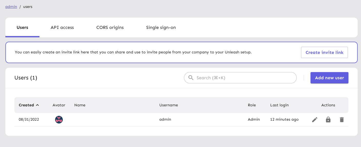 The Unleash users page. There is a separate "create invite link" section above the list of users.